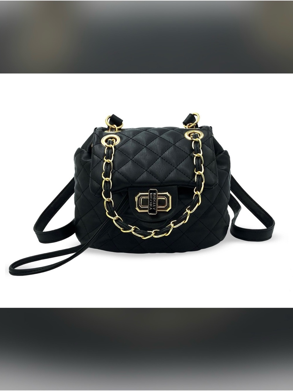 NWT Mini Badgley Mischka Black Quilted Backpack with Chain-Accent